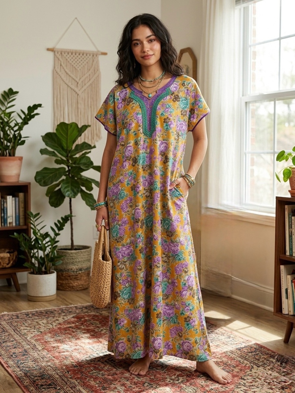 Vintage Little Art Embroidered Kaftan Dress Cottagecore Floral Muumuu Loungewear